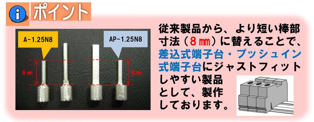 棒状形端子「A-1.25N8」・板状形端子「AP-1.25N8」のポイント　従来製品から、より短い棒部寸法（8mm）に替えることで、差込式端子台・プッシュイン式端子台にジャストフィットしやすい製品として、製作しております。